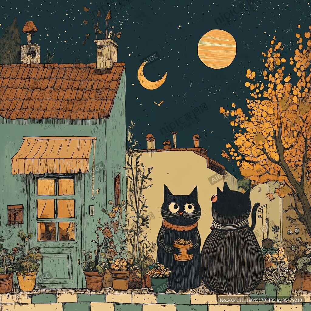 夜晚猫咪插画