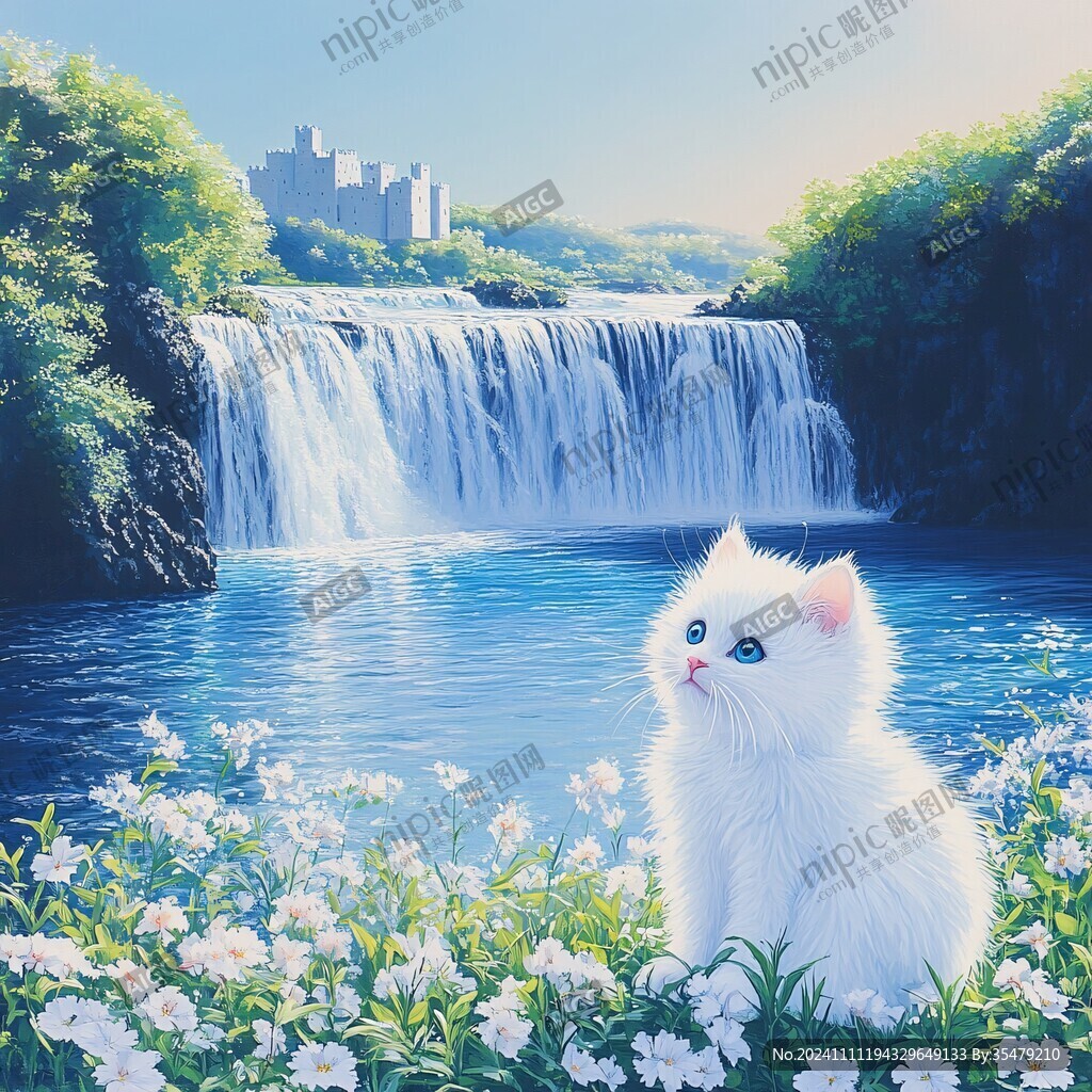 花丛边的猫咪插画