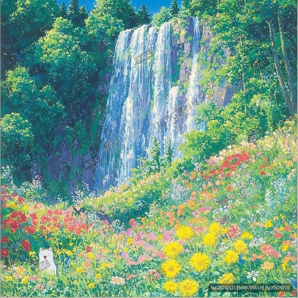 瀑布水粉画