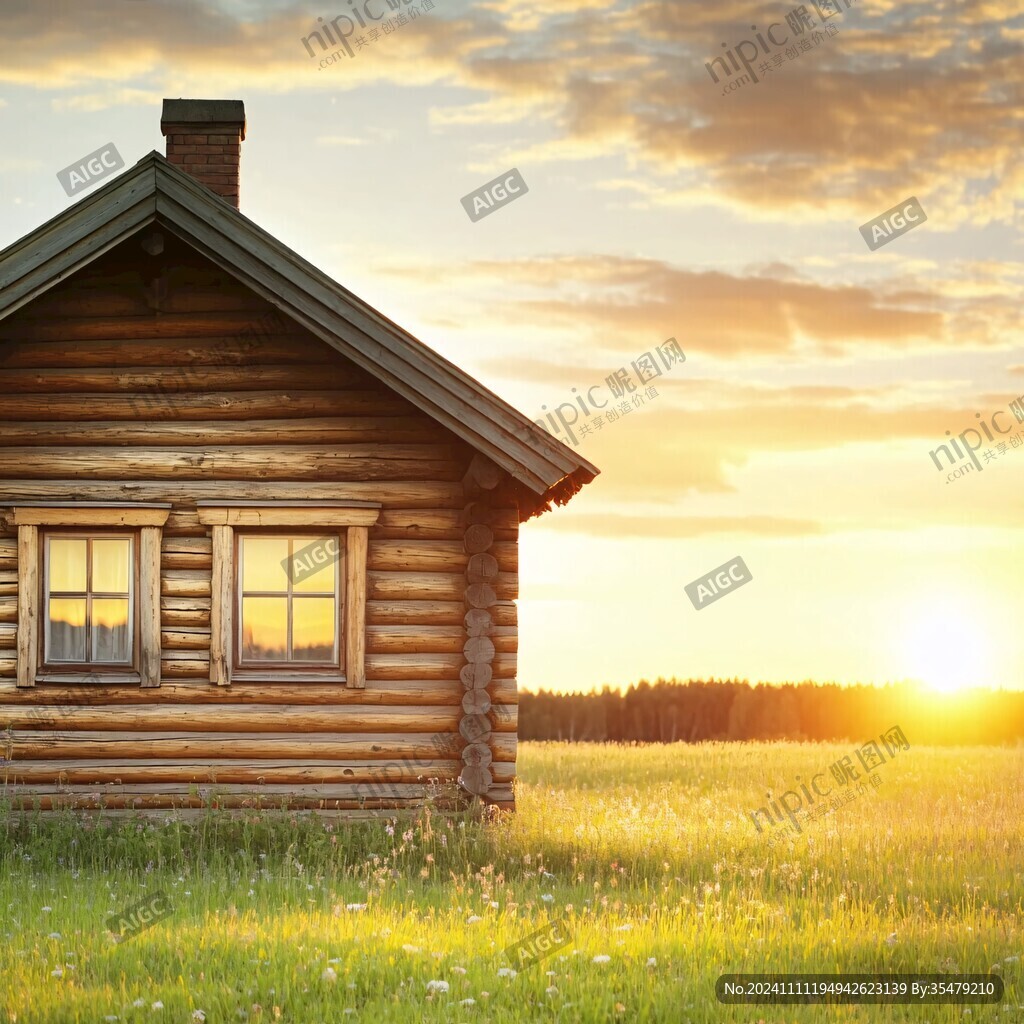 晚霞中草地木屋