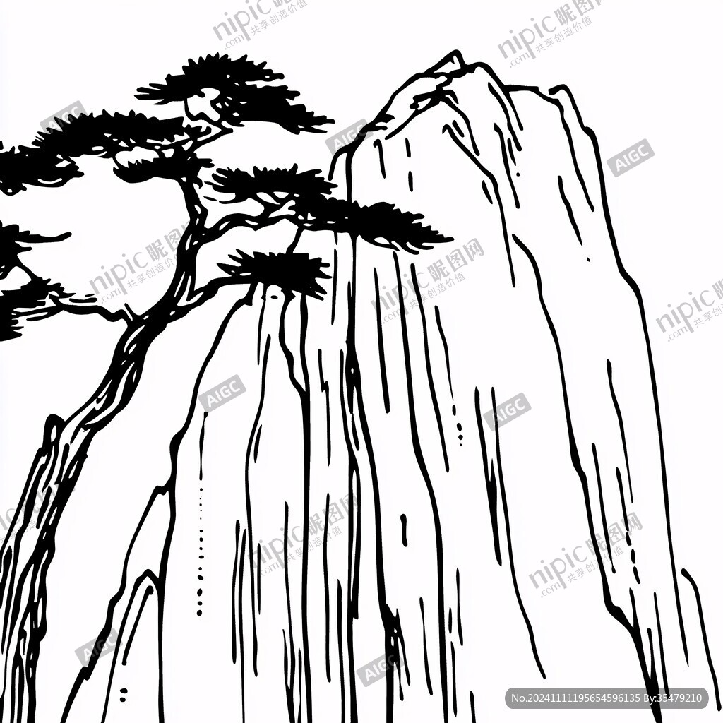 迎客松线描