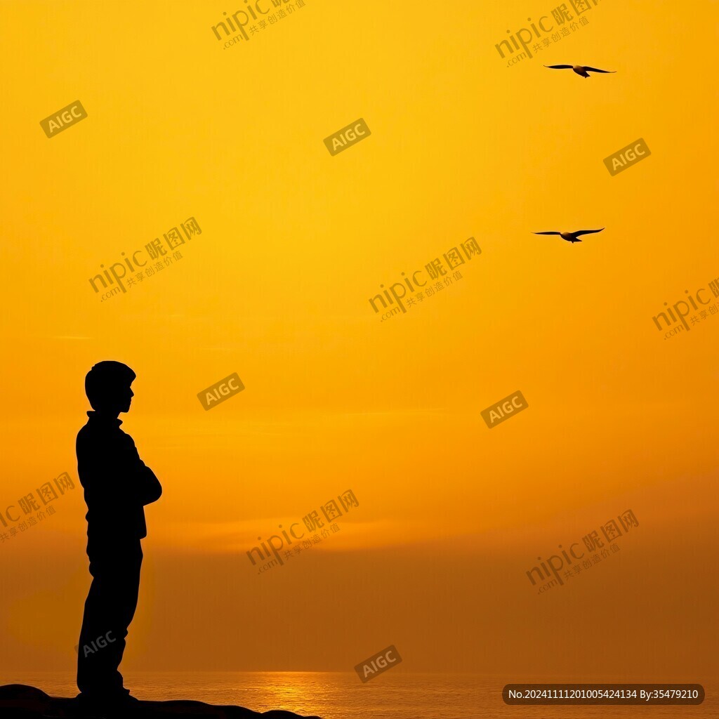 夕阳下大海边男人剪影