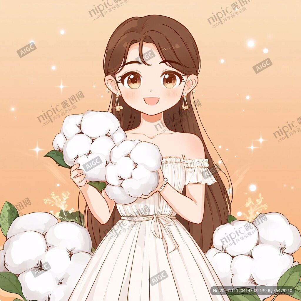 女孩捧花微笑插画