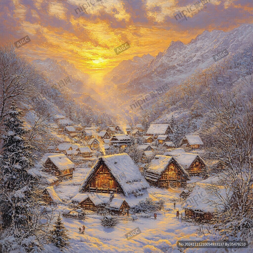 山村晚霞雪景