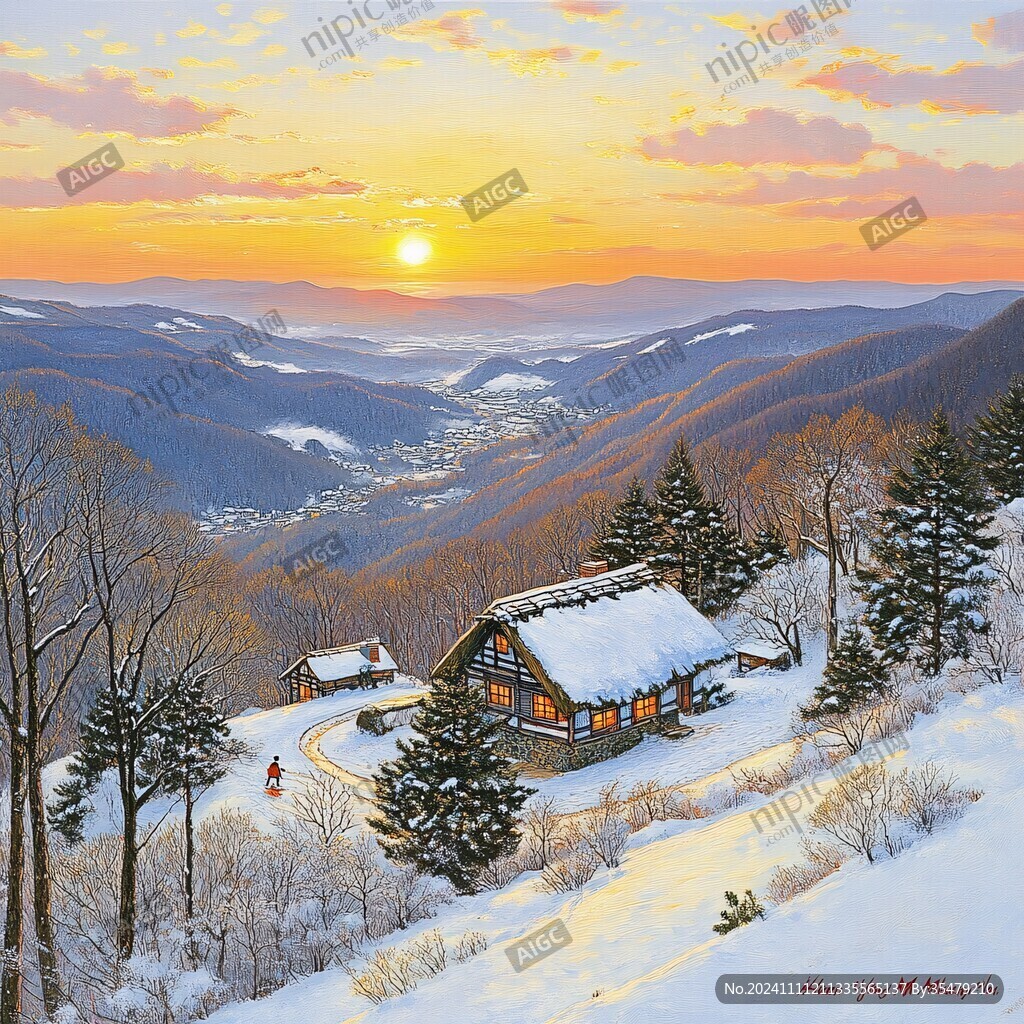 冬天的山村油画