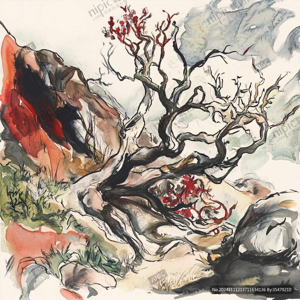 手绘古树假山