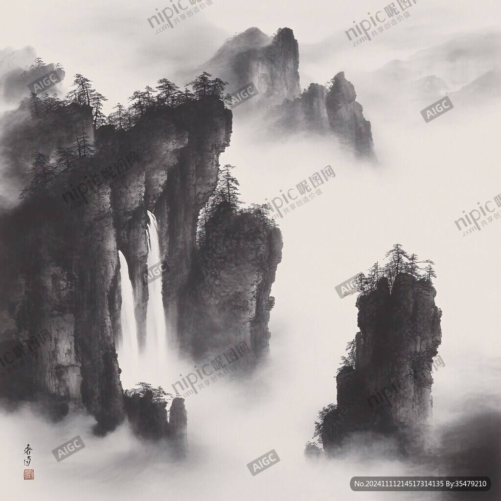 水墨屏禅意山峰云雾