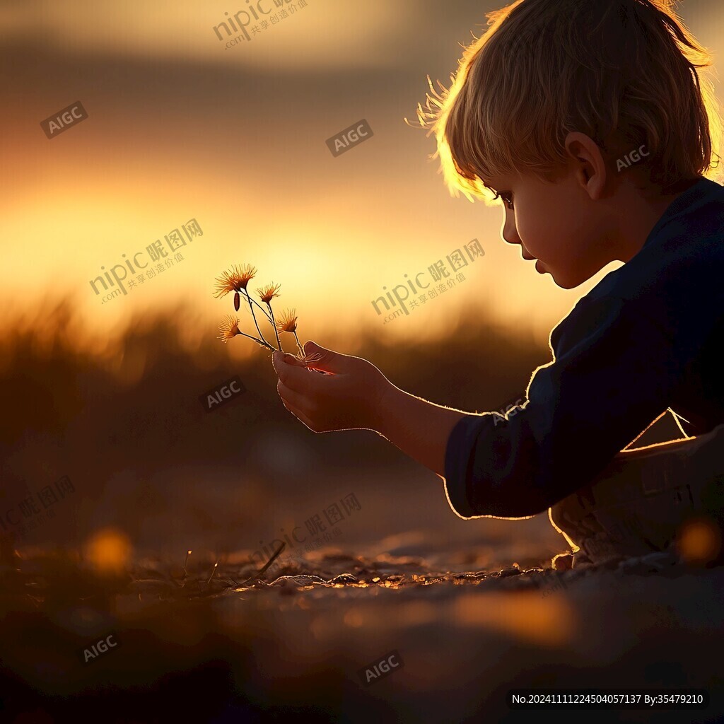 夕阳下玩耍的小男孩