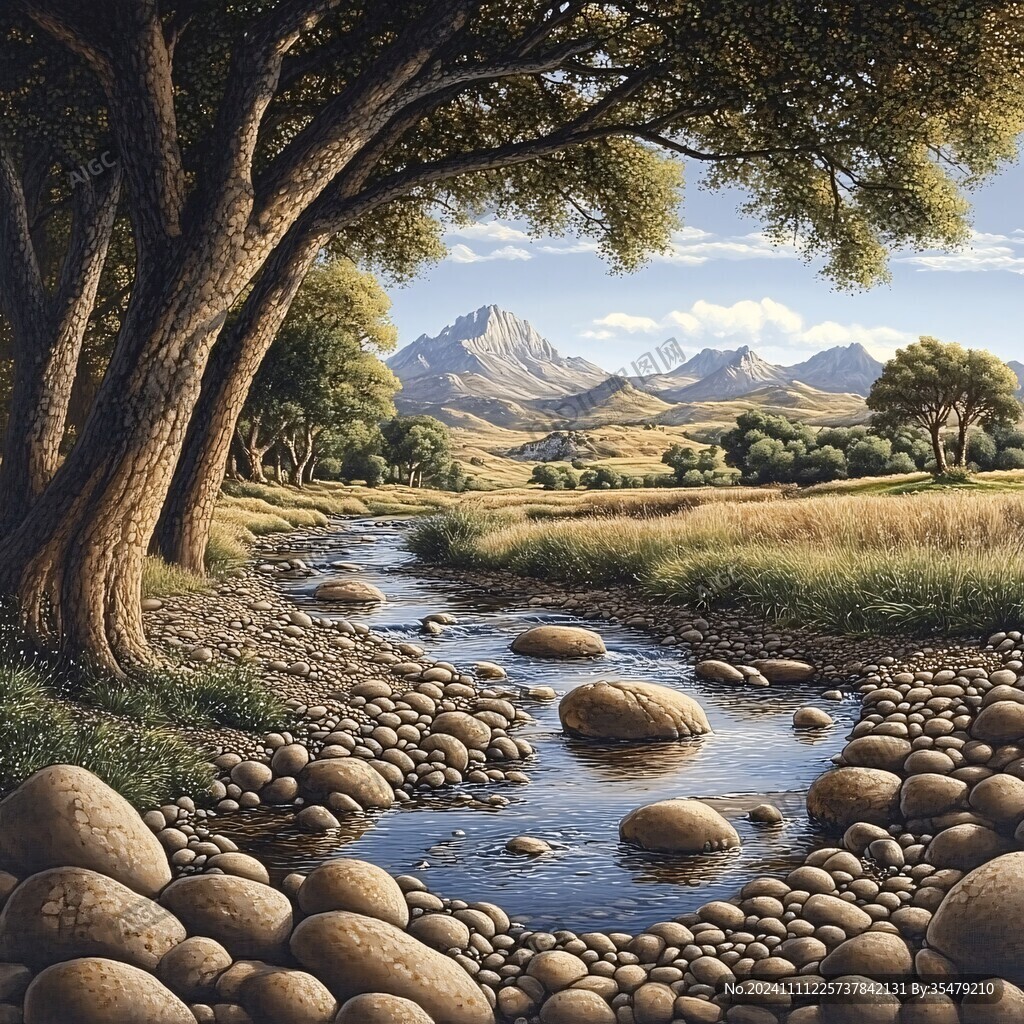 溪流风景油画