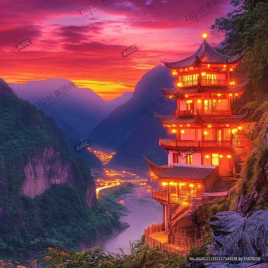 飞霞阁中国风山水意境