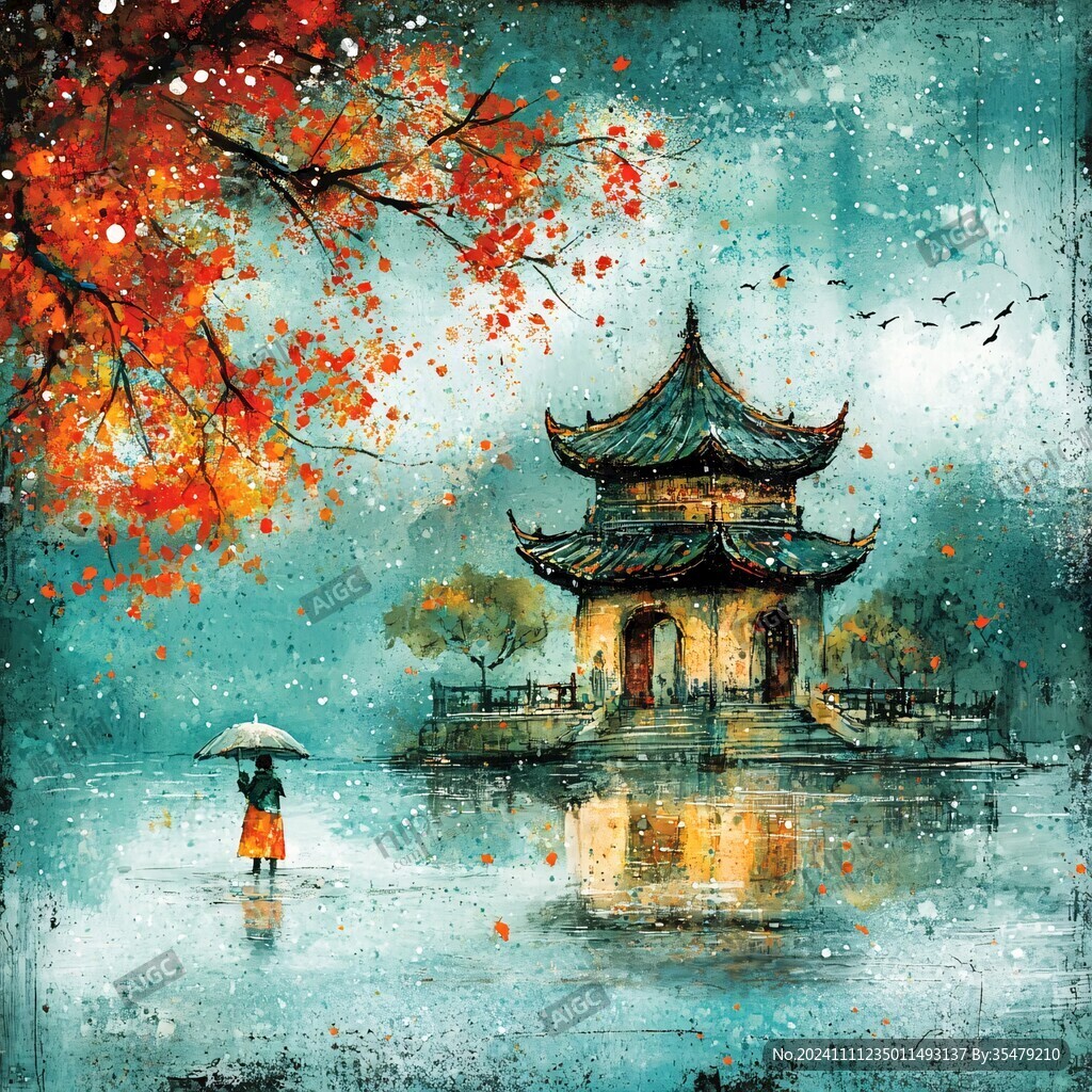 插画爱晚亭