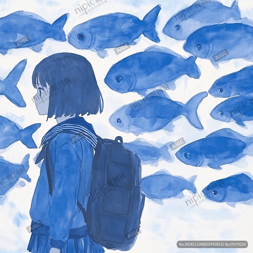 蓝色女孩插画