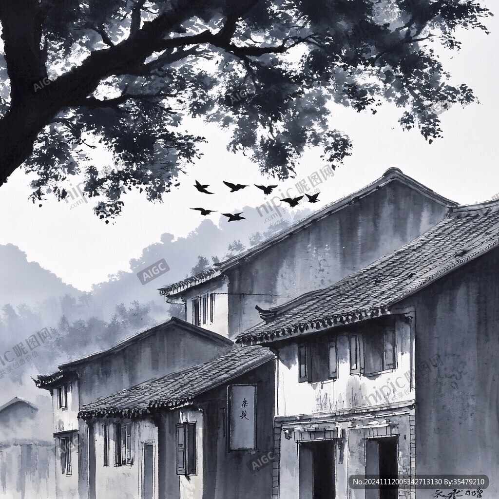 插画乌镇水彩水墨山水
