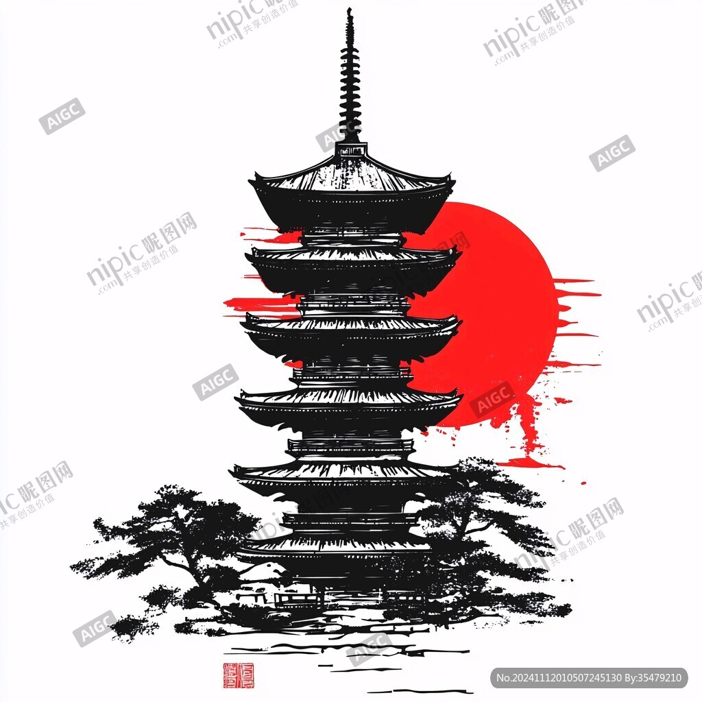 手绘水墨红星塔