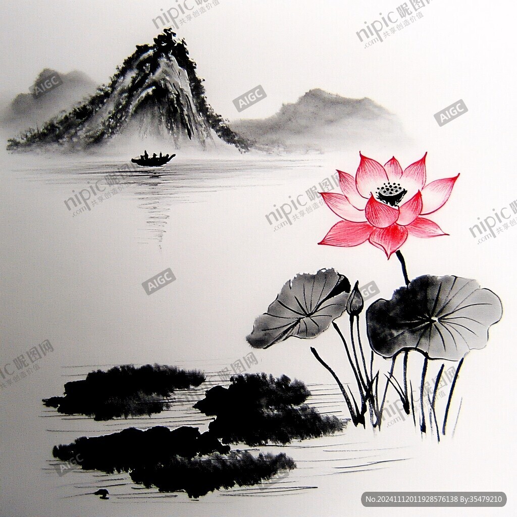 水墨莲花手绘风景画