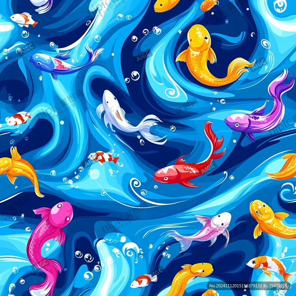 手绘金鱼海浪