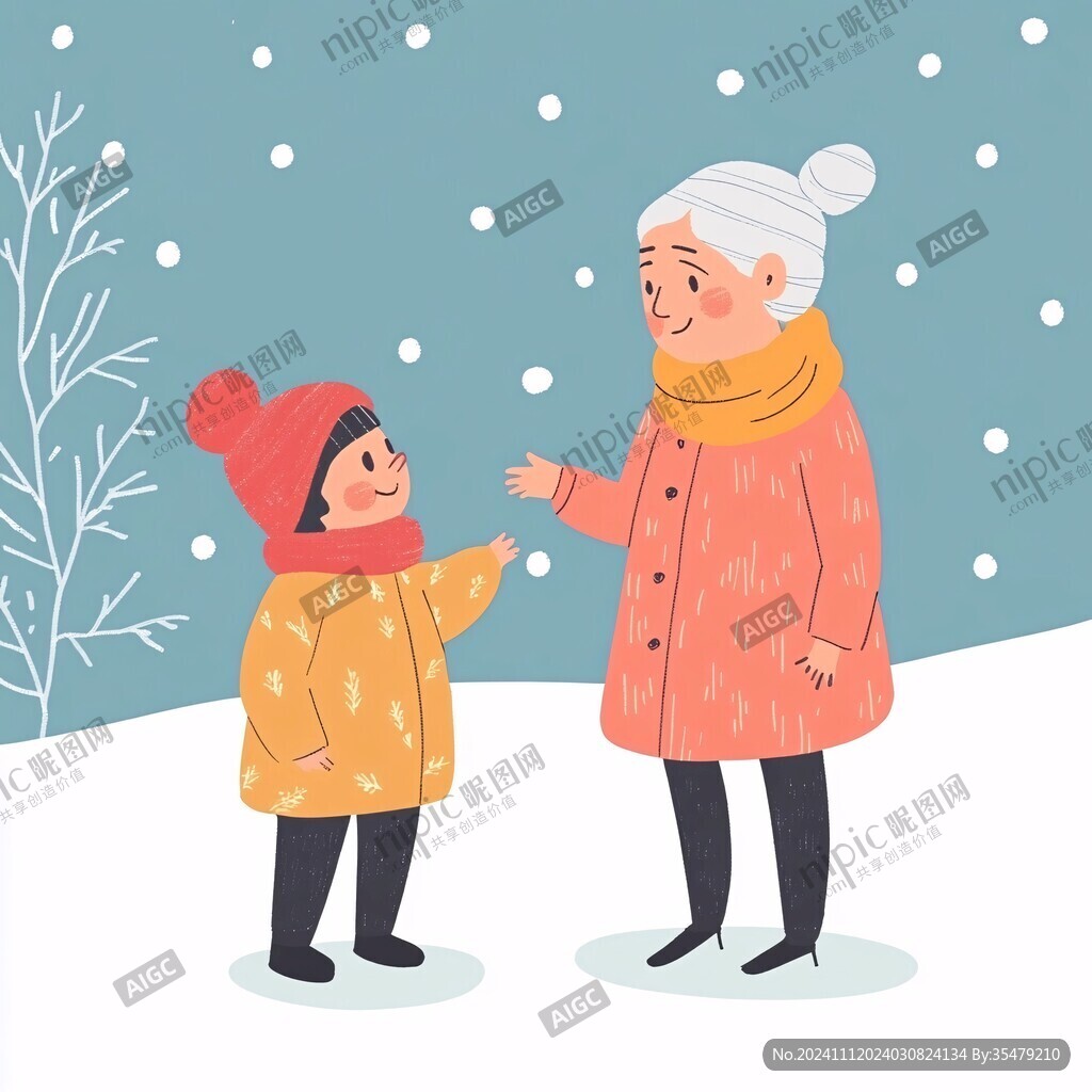 雪地中行走的老人孩子