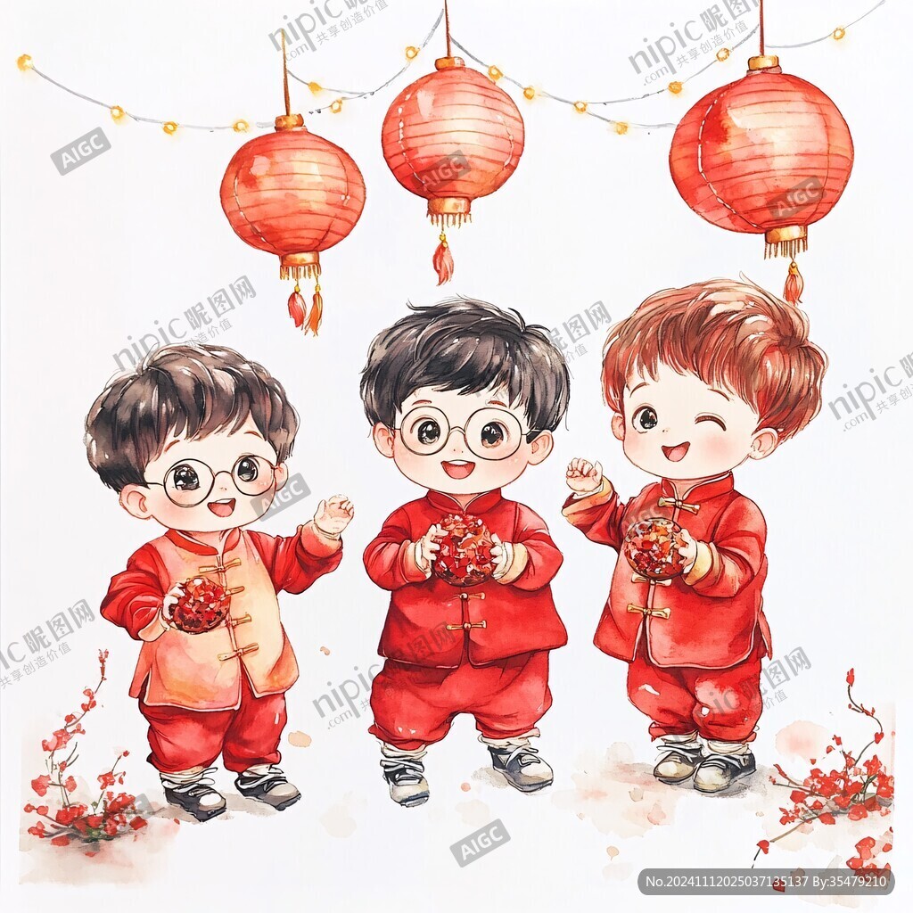 中国风娃娃拜年插画