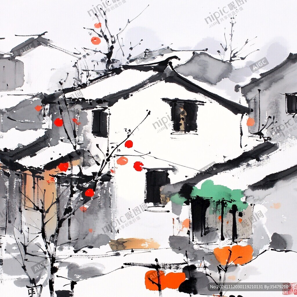 江南雪景水墨画