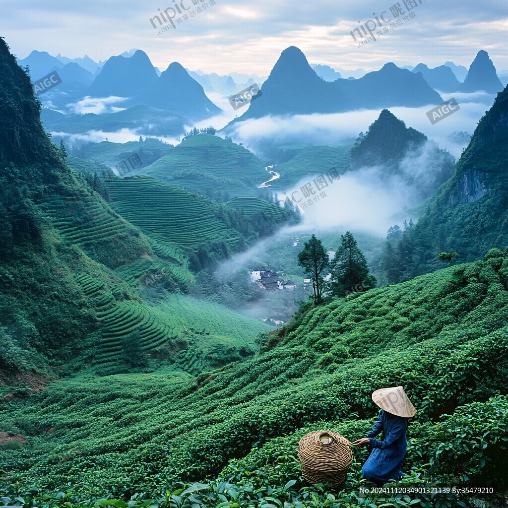 云雾晨雾采茶