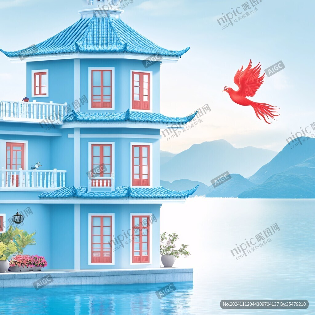 新中式复古阁楼瑞鹤图