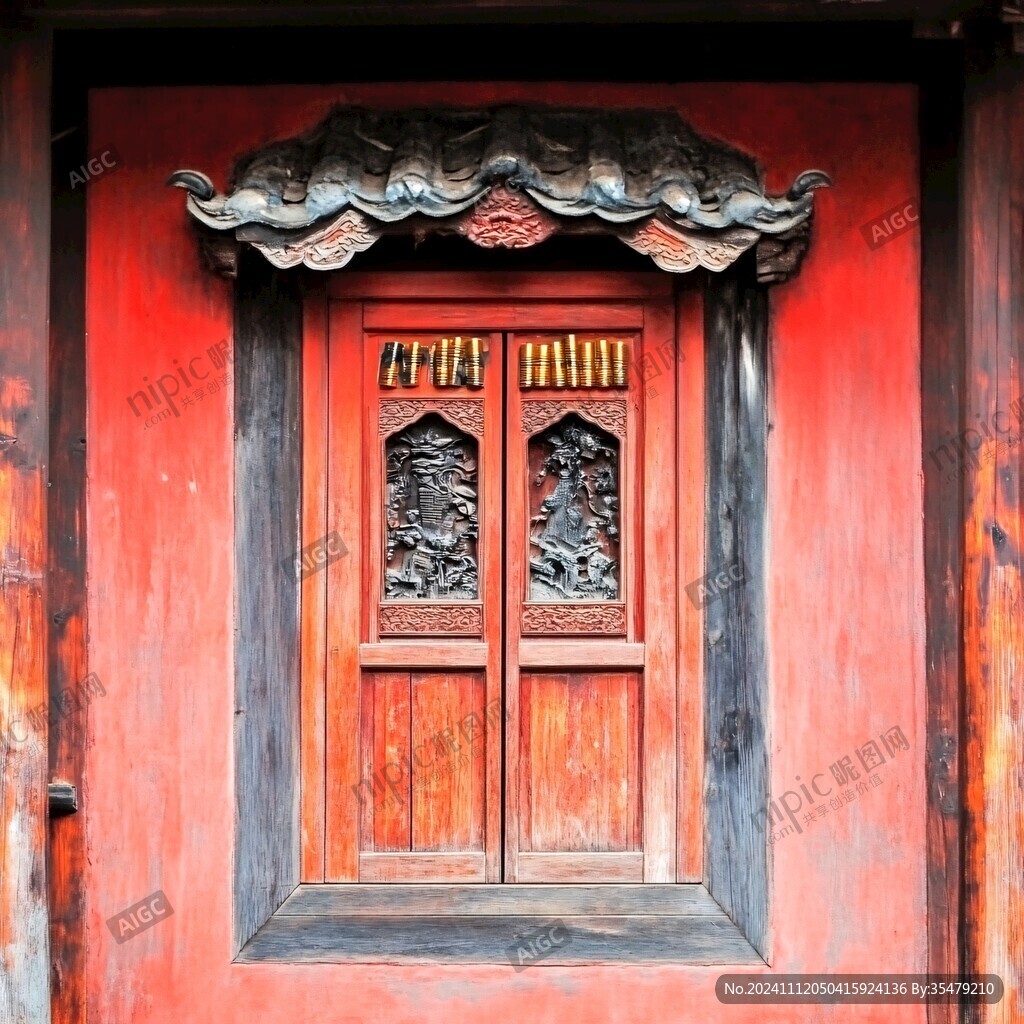 古建筑红色木门窗