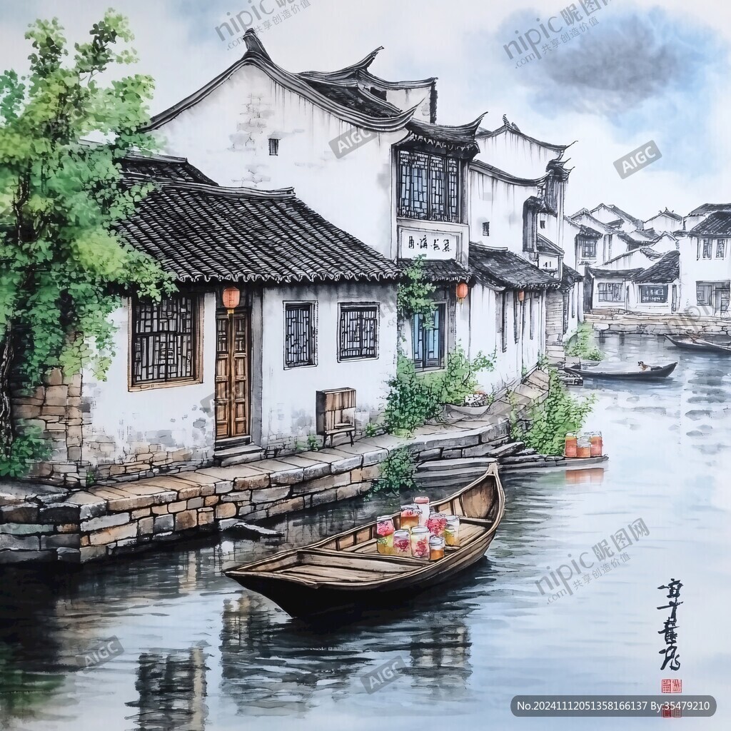 江南古镇油画效果