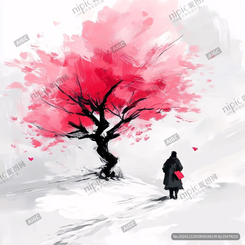 站在桃花树下的女孩子