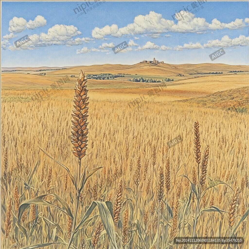 手绘麦田风景