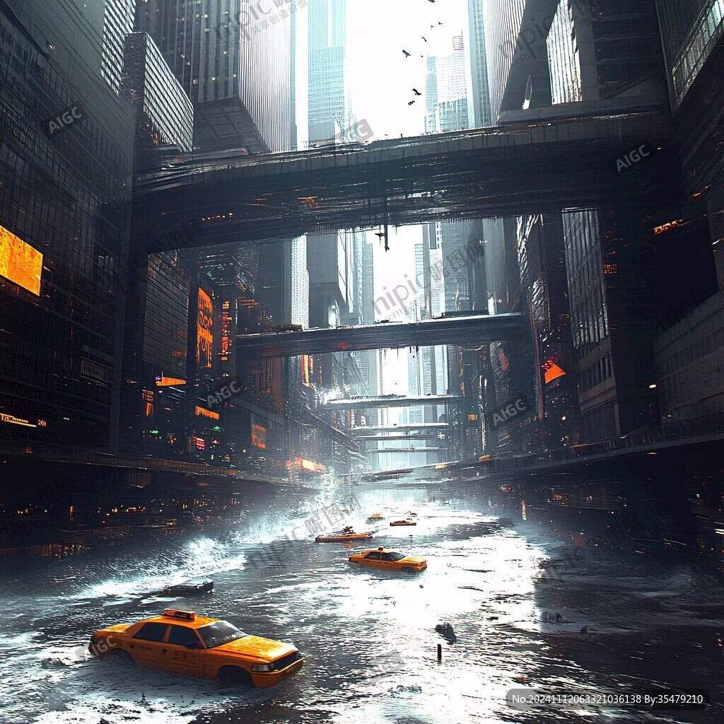 钢铁城市雨天的城市