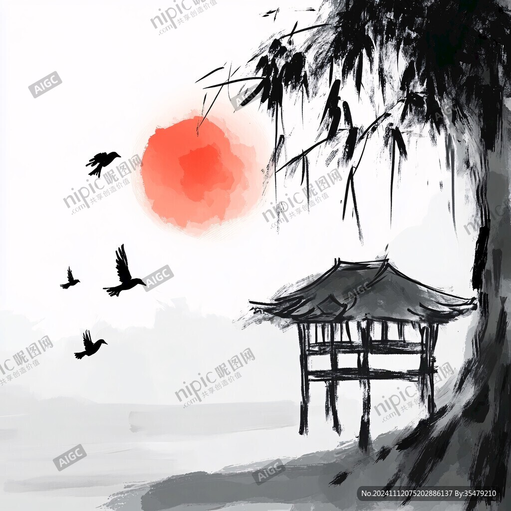 亭子水墨画