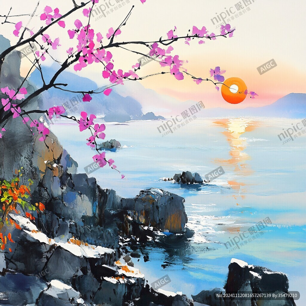 落日山水画