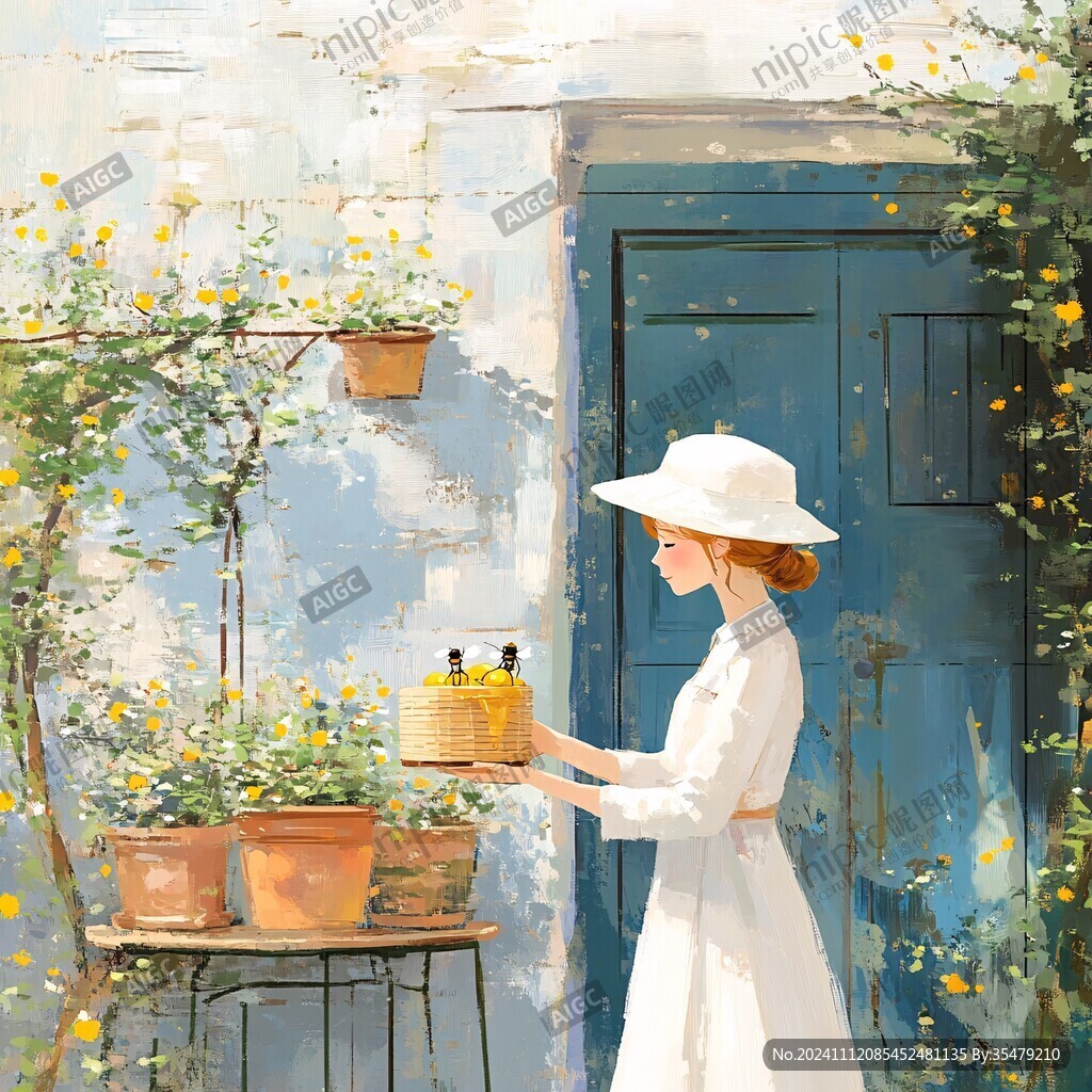 手绘花房女孩插画