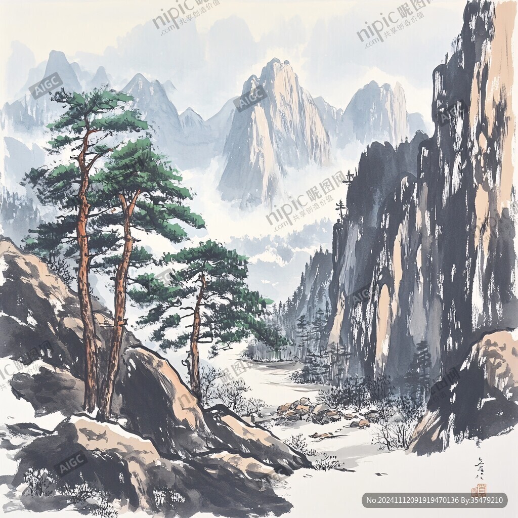 松树山峰画