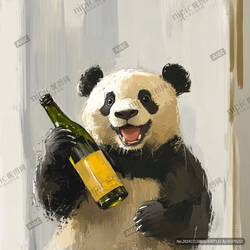 手绘喝啤酒的熊猫