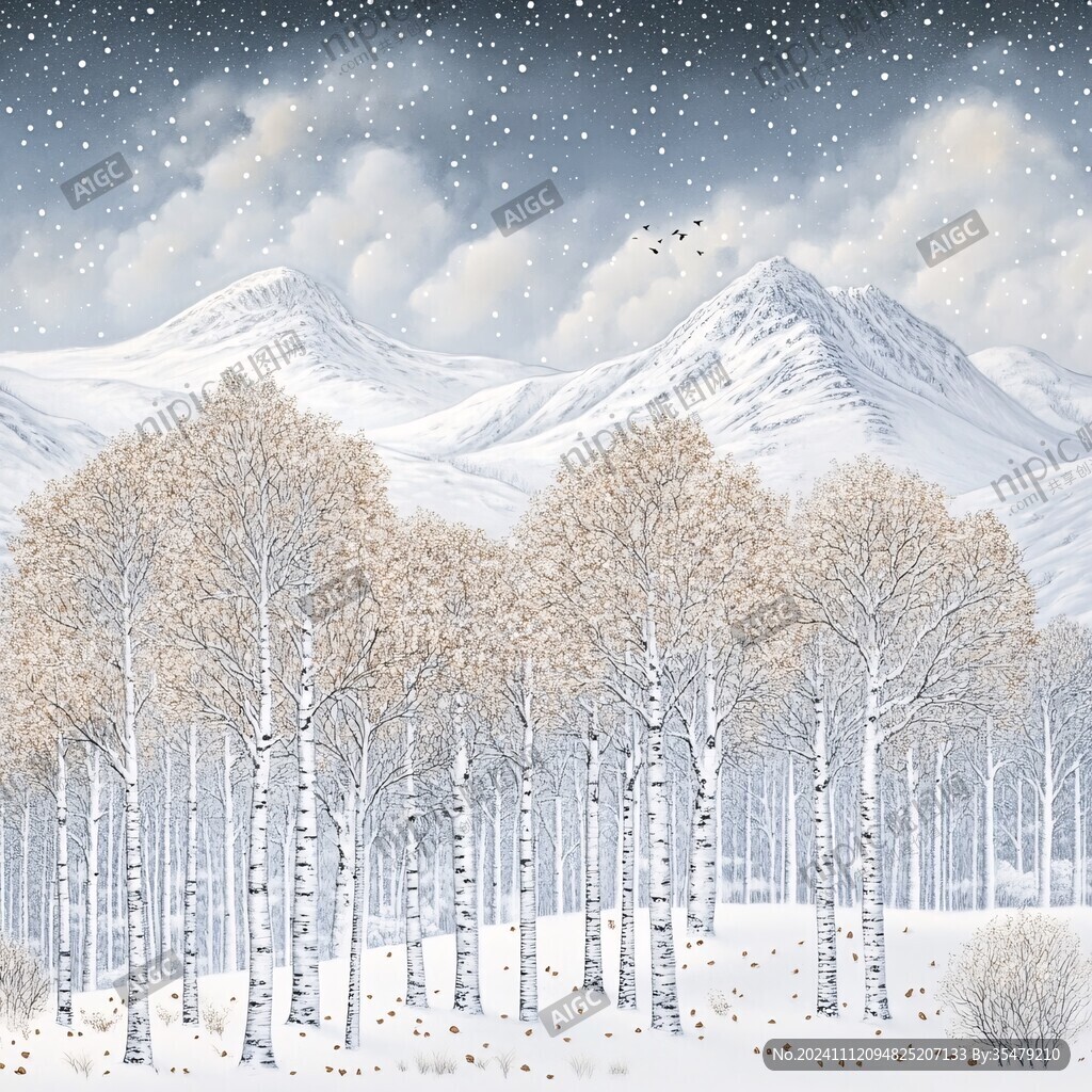 森林黄叶白雪山峰