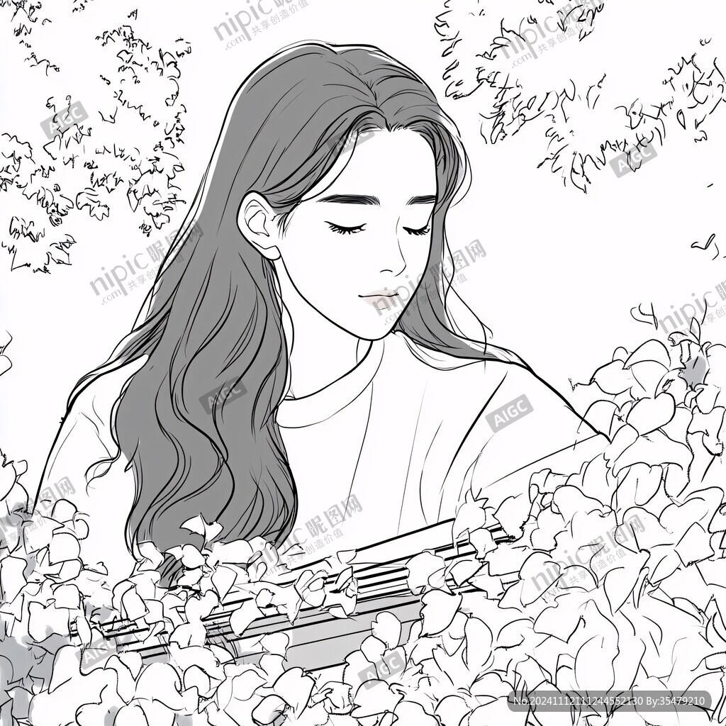 鲜花与少女线稿