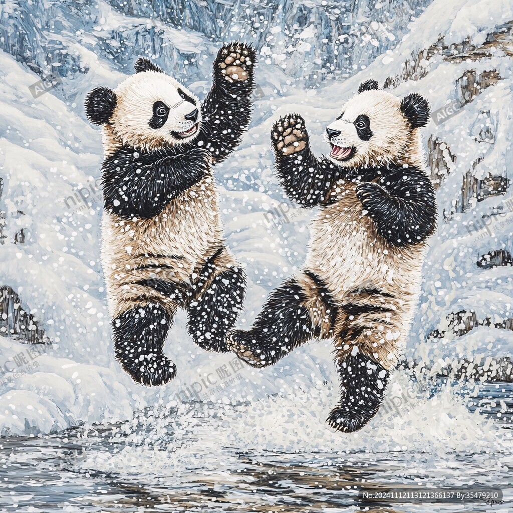 手绘滑雪的熊猫装饰画