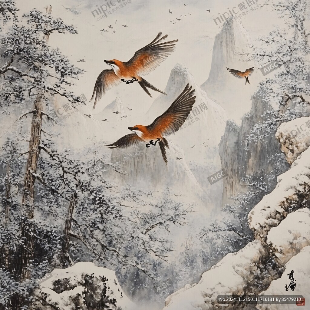 雪景仙鹤图