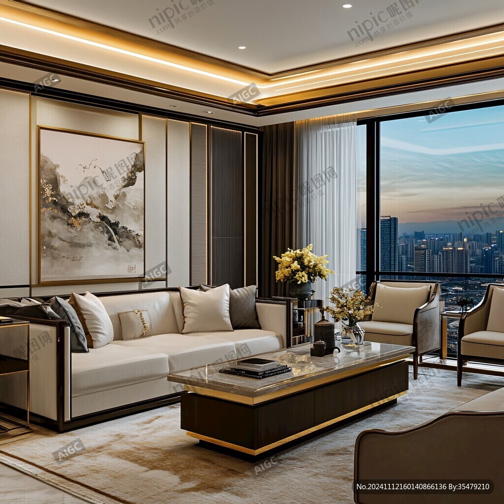 新中式金线沙发背景