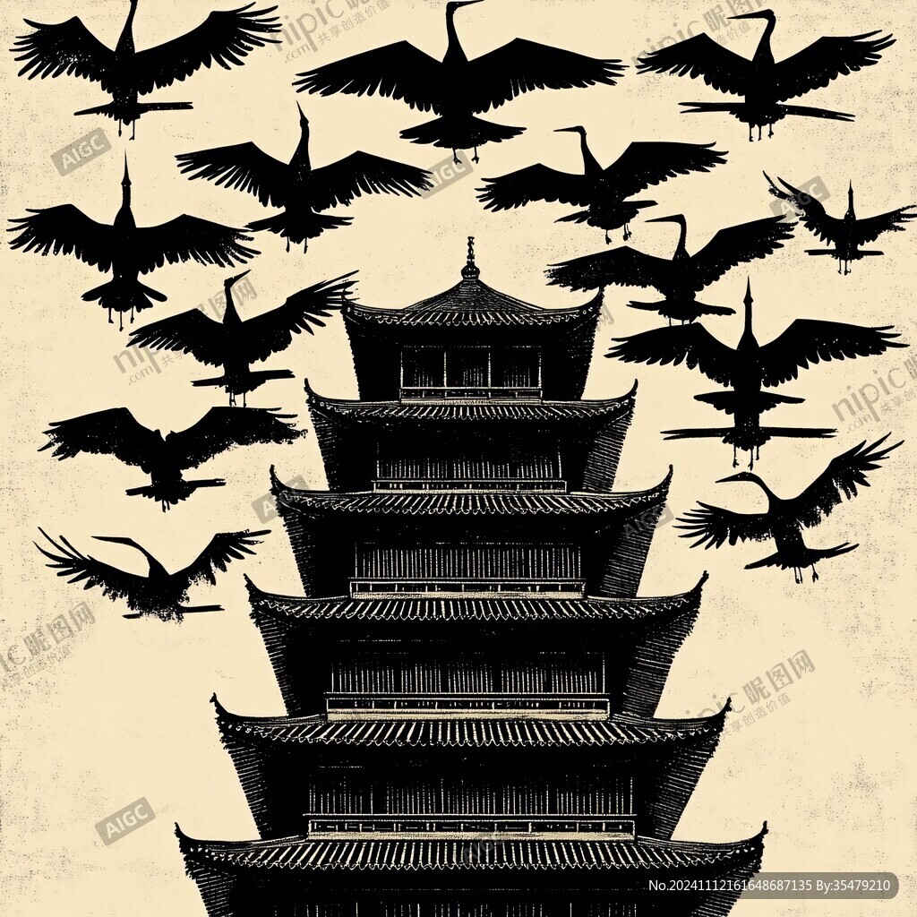 仙鹤楼阁复古瑞鹤图