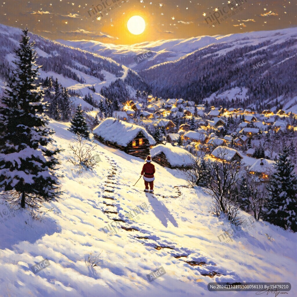 手绘雪夜风景无框画