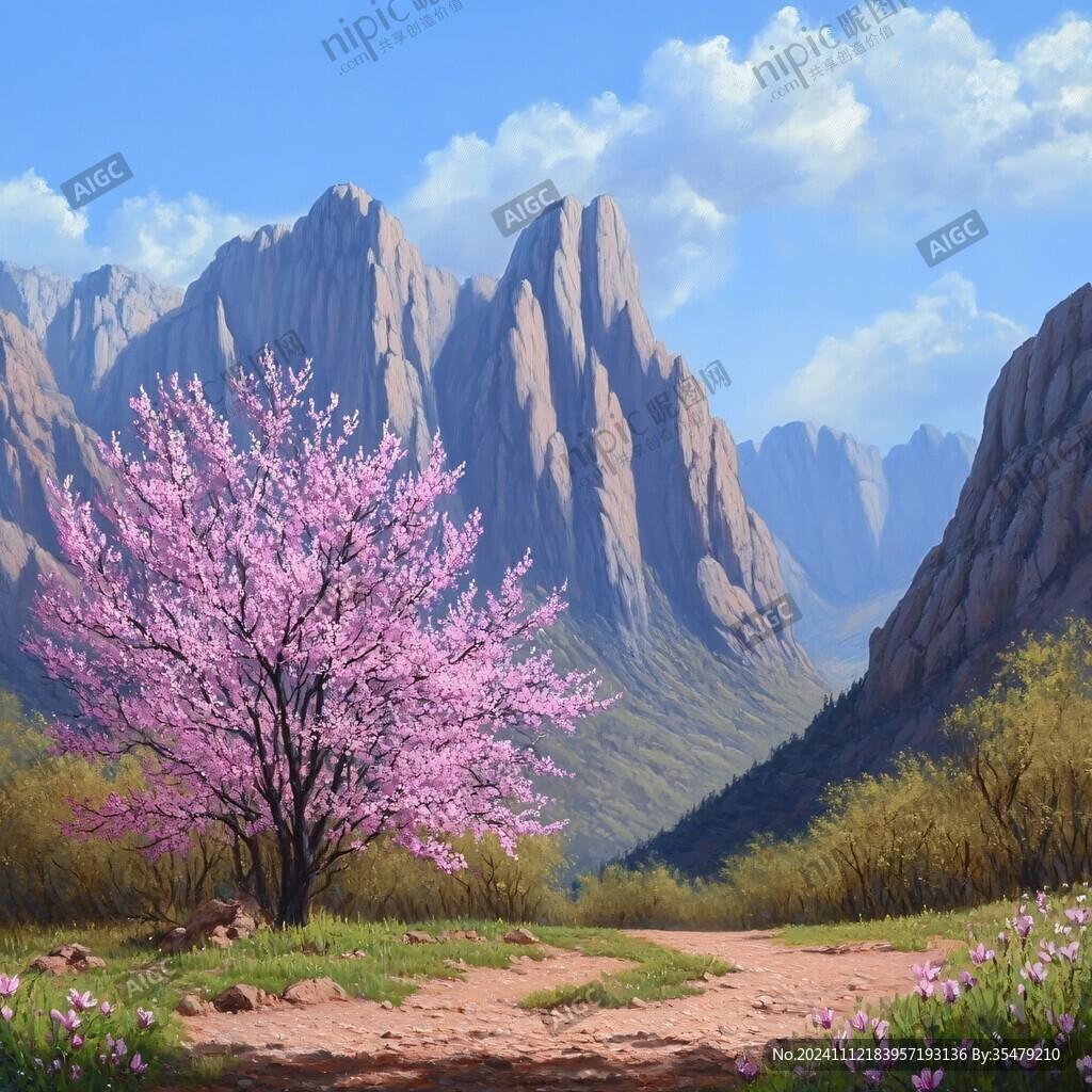 桃花风景油画