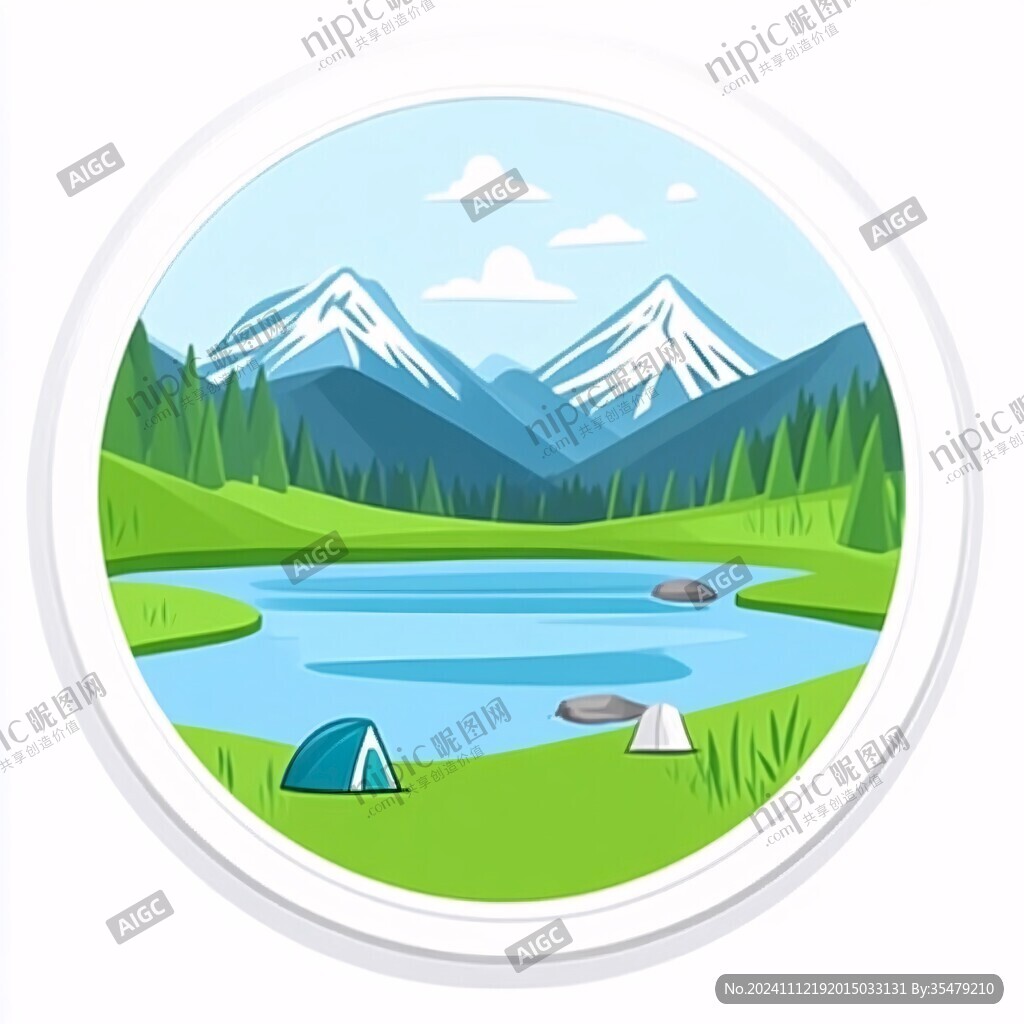 山水圆形插画