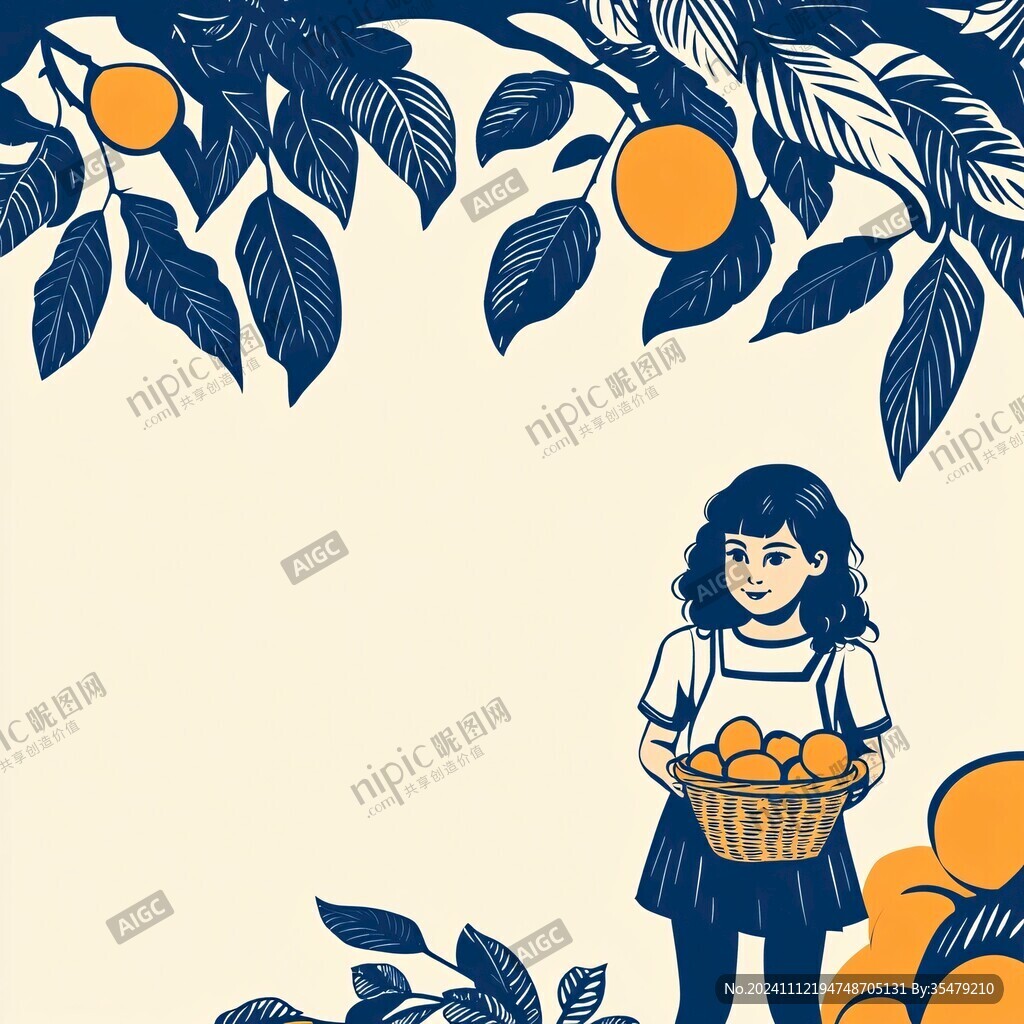 采柑果女孩插画