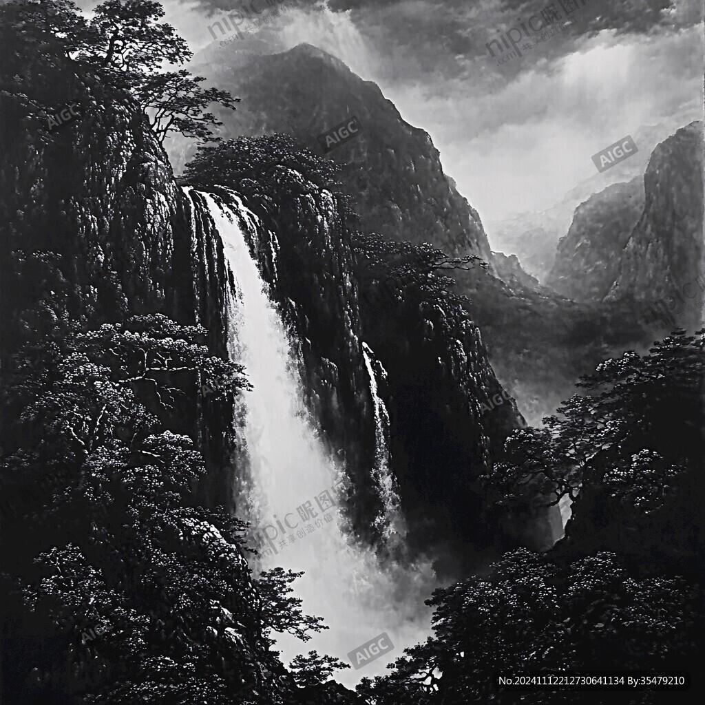 水墨烟雾高山瀑布图片