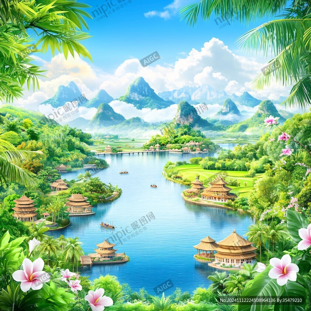 国潮建筑山水场景