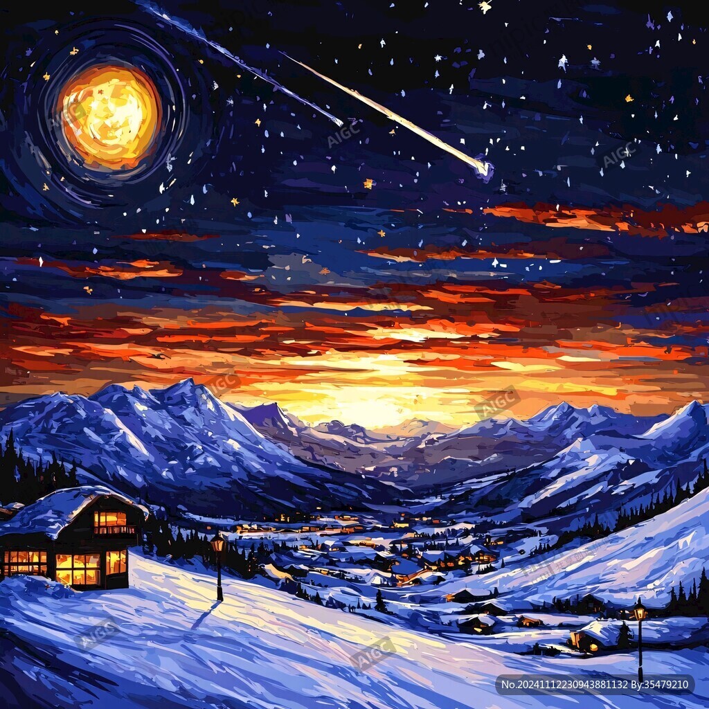 手绘雪夜风景无框画