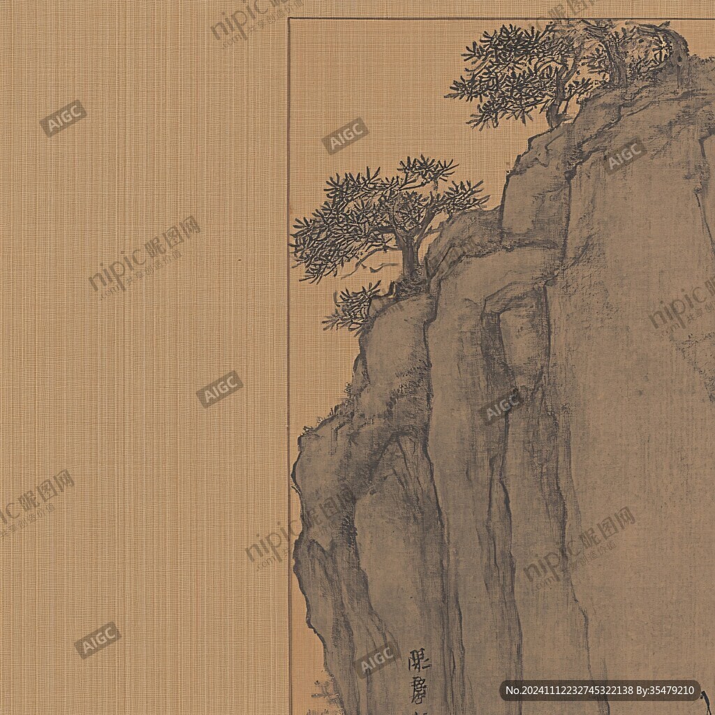 工笔线描松树框画