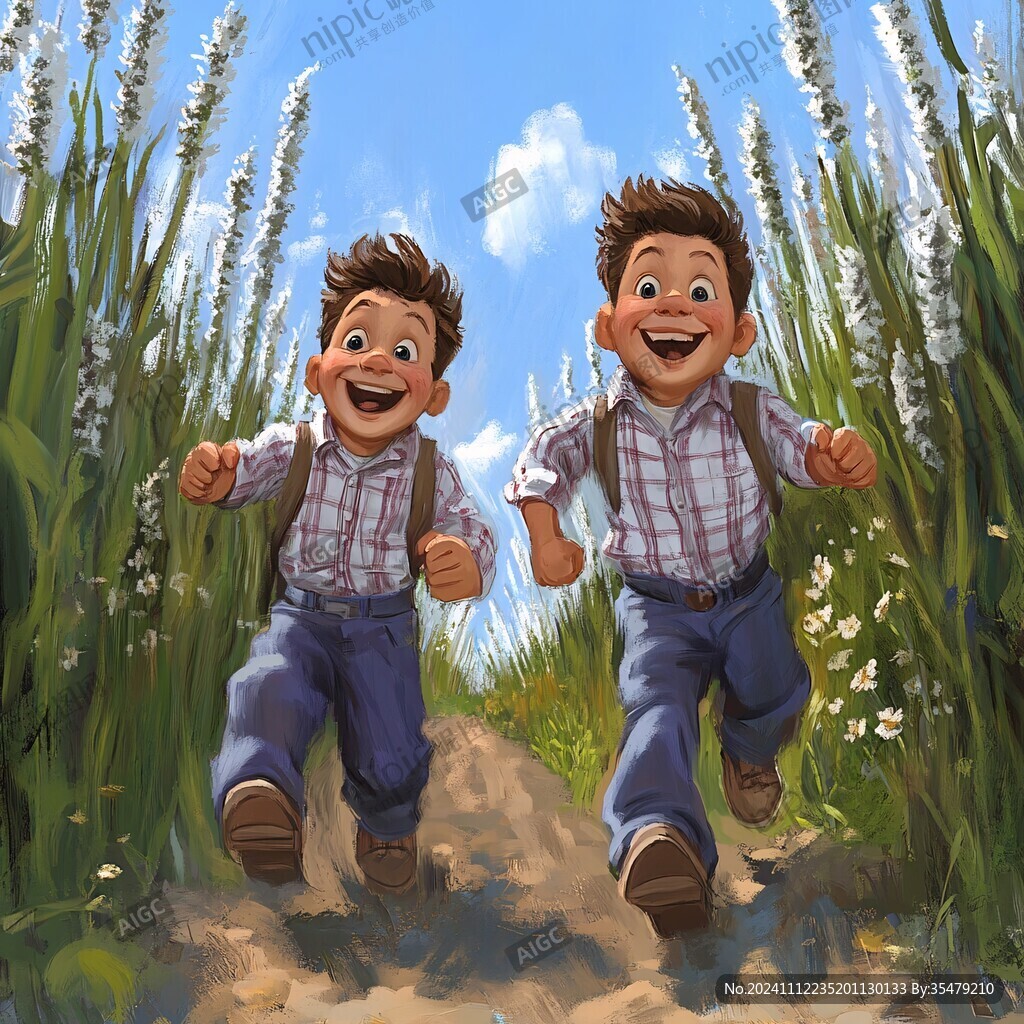 草地奔跑的少年插画